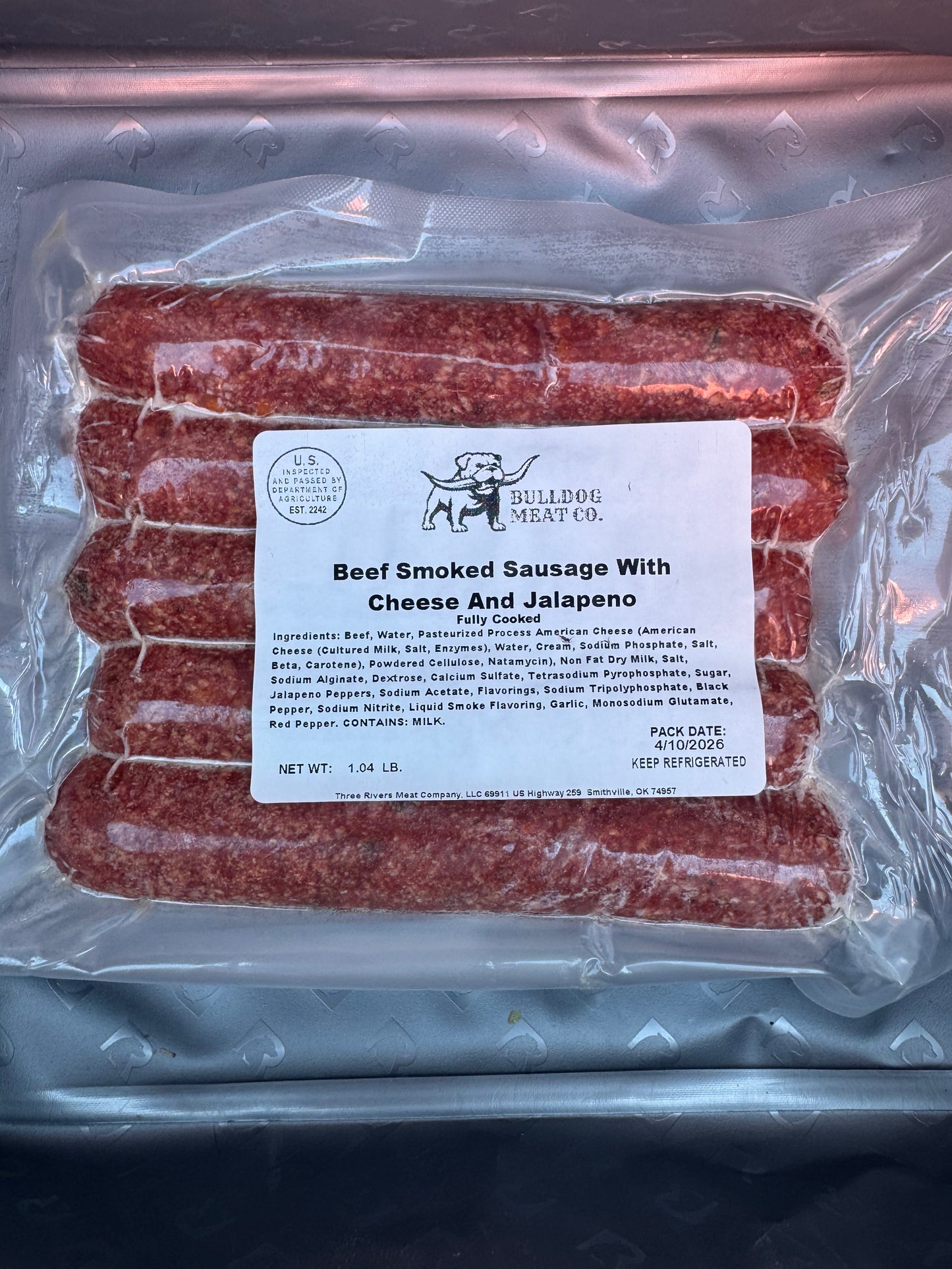Packaged beef smoked sausage with cheese and jalapeno from Bulldog Meat Co.