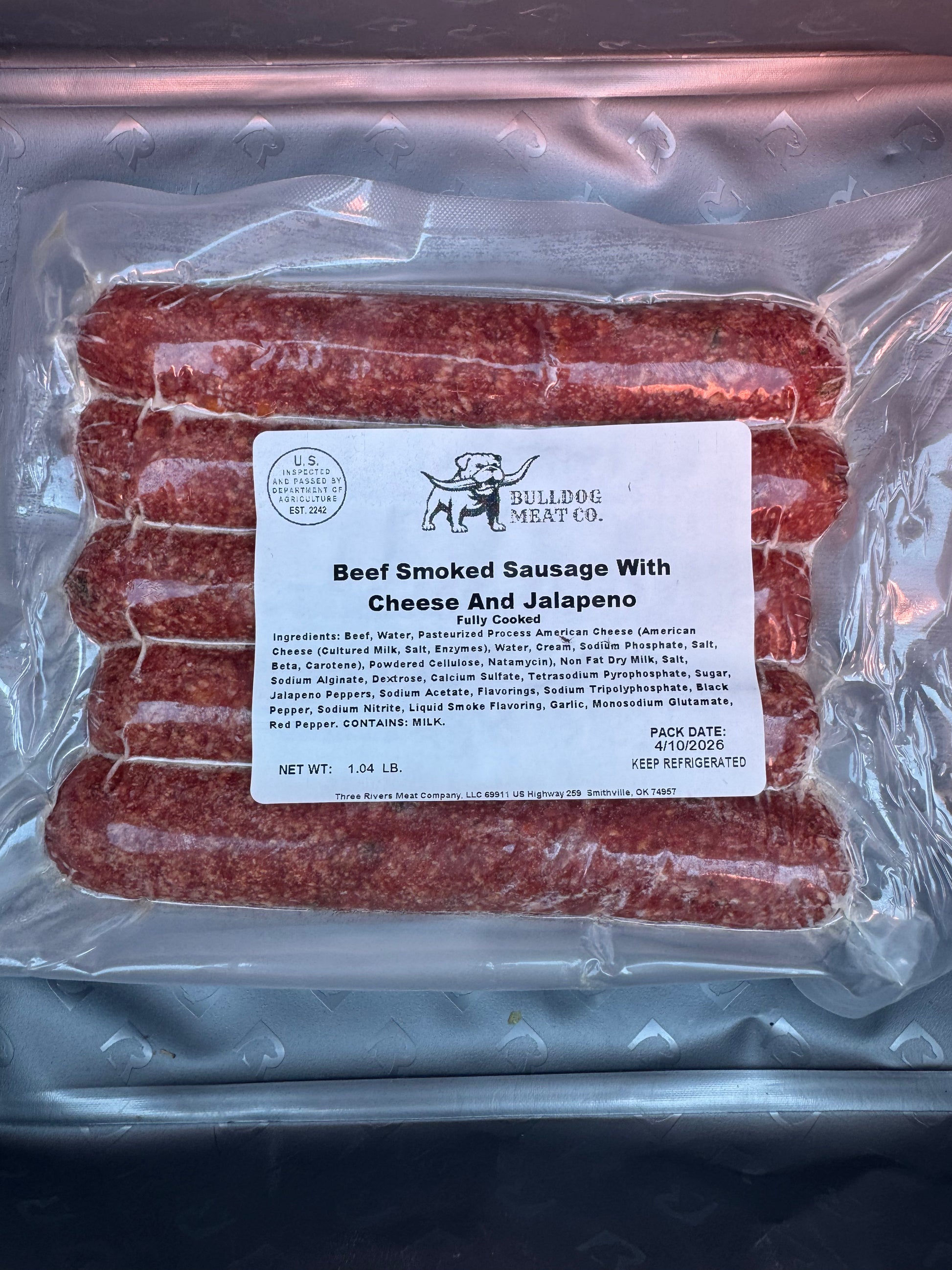 Packaged beef smoked sausage with cheese and jalapeno from Bulldog Meat Co.