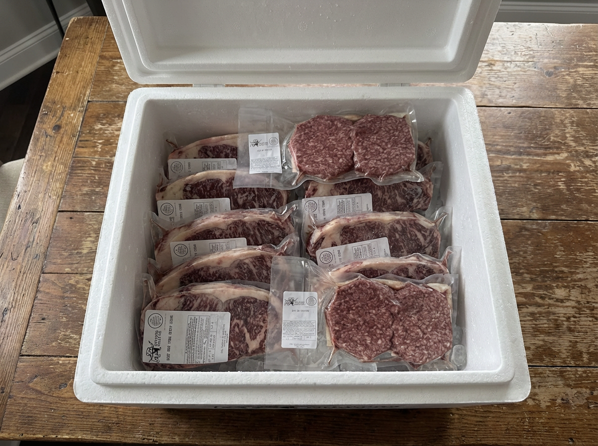 Frozen meat packages in a white cooler on a wooden surface