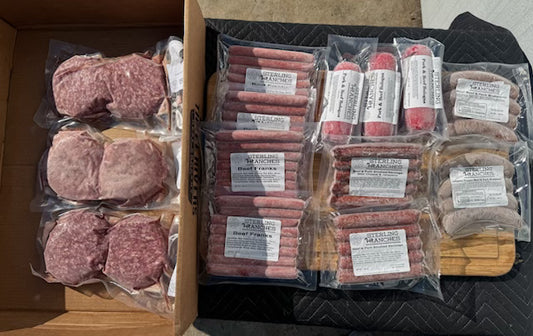 Assorted packaged meats in clear plastic with labels on a black surface.